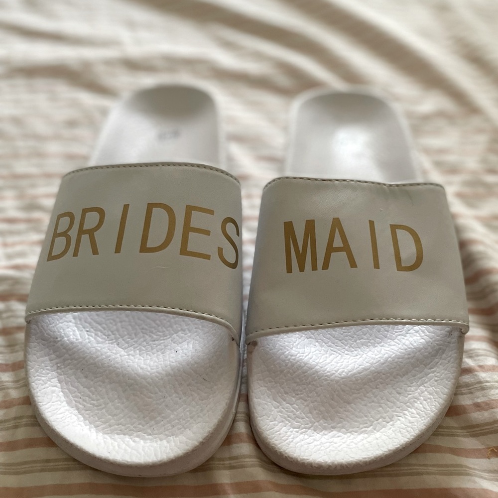 Boohoo White Slides with Gold Bridesmaid Print